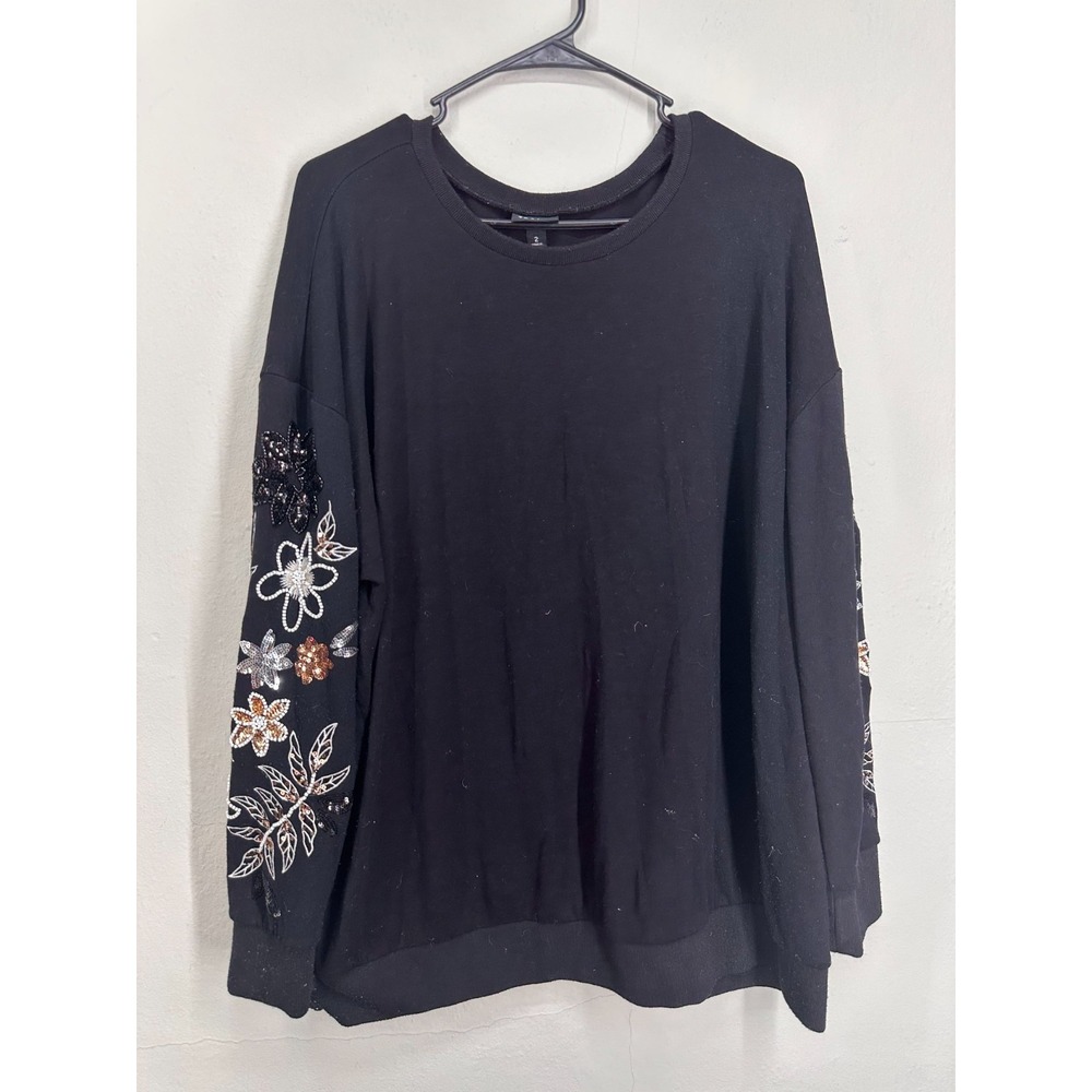 Torrid Sweatshirt Womens 2 Black Beaded Floral Sleeve Drop Shoulder Pullover